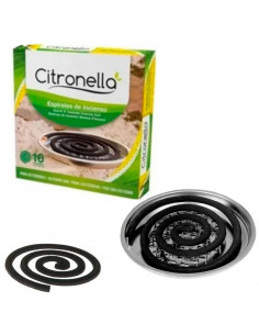 Tradineur - Pack de 10 espirales de incienso con aroma de citronela, incluye soporte metálico, repelente de insectos, mosquitos,