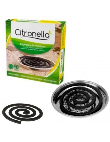 Tradineur - Pack de 10 espirales de incienso con aroma de citronela, incluye soporte metálico, repelente de insectos, mosquitos,