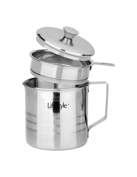 Tradineur - Grasera metálica de 10 cm de diámetro y 14,6 cm de altura, con filtro, asa y tapa. Aceitera con colador para conserv