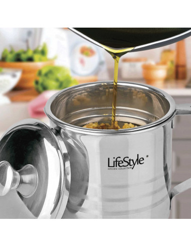 Tradineur - Grasera metálica de 10 cm de diámetro y 14,6 cm de altura, con filtro, asa y tapa. Aceitera con colador para conserv
