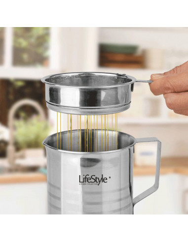 Tradineur - Grasera metálica de 10 cm de diámetro y 14,6 cm de altura, con filtro, asa y tapa. Aceitera con colador para conserv