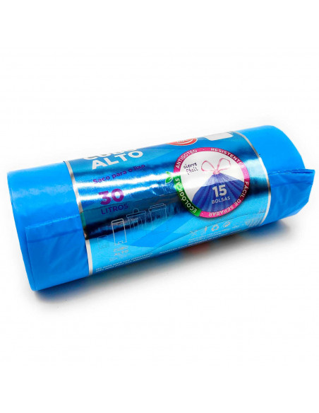 Tradineur - Pack de 15 bolsas de basura de plástico reciclado, resistentes y antigoteo, ecológicas, reciclables, cierre fácil, a