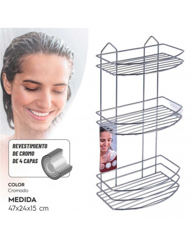 Tradineur - Estantería de baño de metal cromado, 3 niveles, organizador de productos de aseo, higiene para colgar, pared, ducha,