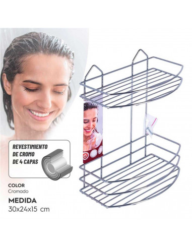Tradineur - Estantería de baño de metal cromado, 2 niveles, organizador de productos de aseo, higiene para colgar, pared, ducha,