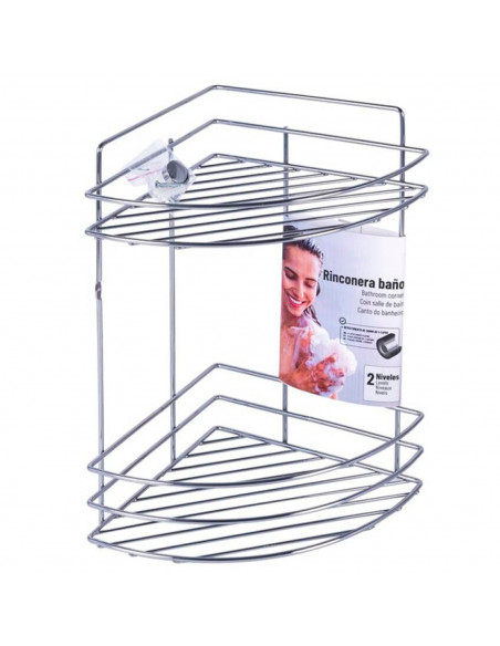Tradineur - Estantería de baño de metal cromado, 2 baldas, esquinera, organizador de productos de aseo, higiene para colgar, par