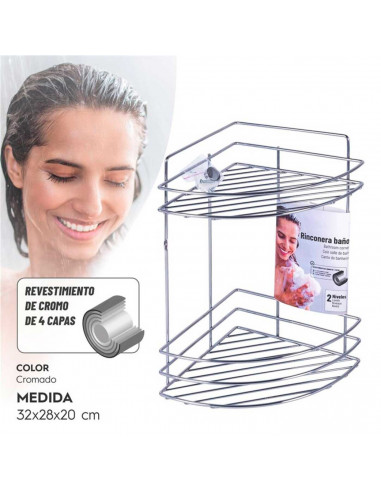 Tradineur - Estantería de baño de metal cromado, 2 baldas, esquinera, organizador de productos de aseo, higiene para colgar, par
