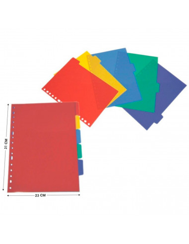 Tradineur - Pack de 5 separadores de plástico A4 para archivadores, carpetas, uso escolar, oficinas, 31 x 23 cm, colores surtido