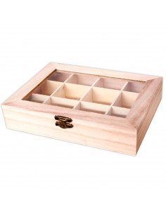 Tradineur - Caja de madera con 12 compartimentos y tapa con cristal, expositor de joyas, organizador, joyero, collares, anillos,