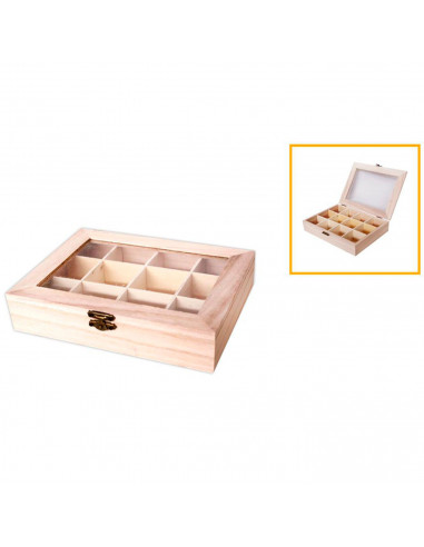 Tradineur - Caja de madera con 12 compartimentos y tapa con cristal, expositor de joyas, organizador, joyero, collares, anillos,