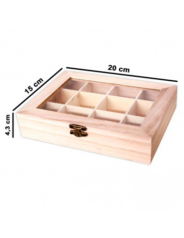 Tradineur - Caja de madera con 12 compartimentos y tapa con cristal, expositor de joyas, organizador, joyero, collares, anillos,