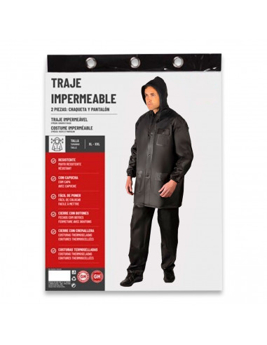 Tradineur - Chubasquero de 2 piezas con capucha - Fabricado al 100% poliéster - Costura termoselladas - Talla XL, XXL - Color Ne
