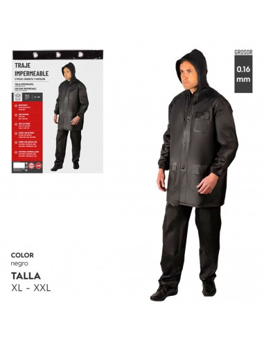Tradineur - Chubasquero de 2 piezas con capucha - Fabricado al 100% poliéster - Costura termoselladas - Talla XL, XXL - Color Ne