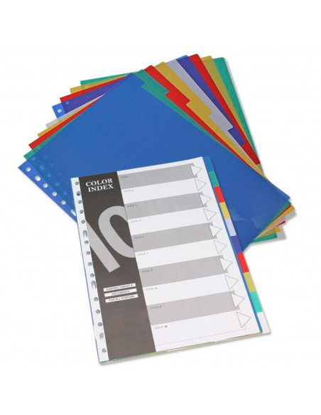 Tradineur - Pack de 10 separadores de plástico A4 para archivadores, carpetas, uso escolar, oficinas, 31 x 23 cm, colores surtid
