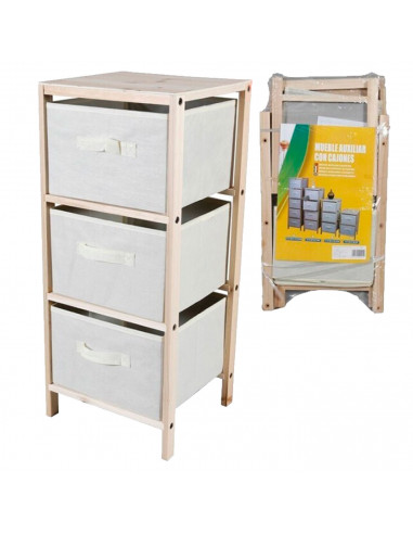 Tradineur - Mesa Auxiliar de madera con 3 Niveles de altura - Almacenamiento y organización - Cajones de tela - Incluye tornillo