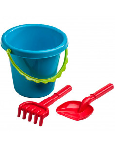 Tradineur - Set de cubo de playa, pala y rastrillo de plástico, juguete infantil, jugar en la arena, parque, jardín, regalo para