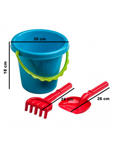 Tradineur - Set de cubo de playa, pala y rastrillo de plástico, juguete infantil, jugar en la arena, parque, jardín, regalo para