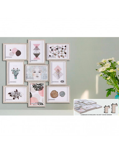 Tradineur - Multimarco de madera para 9 fotos, portafotos, marco múltiple de pared para fotografías de 14 x 9 cm, decoración del