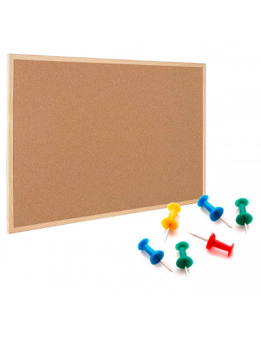 Tradineur - Tablero de corcho natural - Incluye chincheta y accesorios de fijación - Marco de madera - 60 x 40 cm