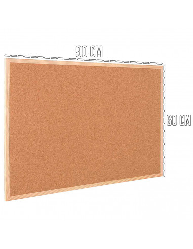 Tradineur - Tablero de corcho natural - Incluye chincheta y accesorios de fijación - Enmarcado en madera - 90 x 60 cm