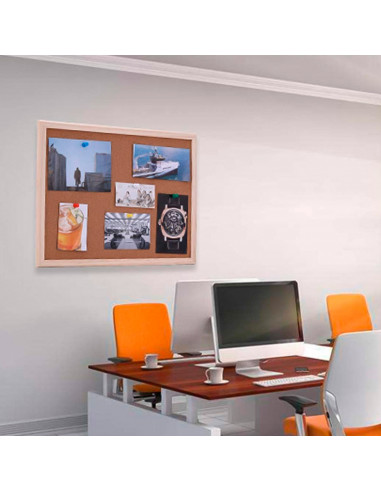 Tradineur - Tablero de corcho natural - Incluye chincheta y accesorios de fijación - Enmarcado en madera - 90 x 60 cm