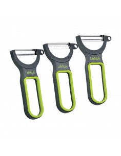 Tradineur - Juego de 3 peladores de verduras de acero inoxidable 13 cm con 3 cuchillas para tomate, juliana y fruta, estructura