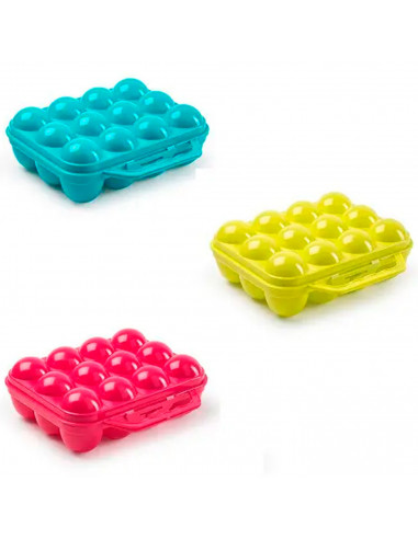 Tradineur - Huevera de plástico para 12 huevos, incluye asa, recipiente, almacenamiento de cocina, resistente, fabricada en Espa