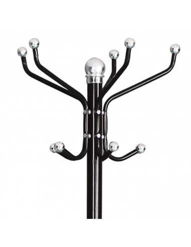 Perchero de pie metálico negro 12 ganchos 180 x 38 cm. Soporte para abrigos y sombreros, estilo minimalista, para recibidor u of