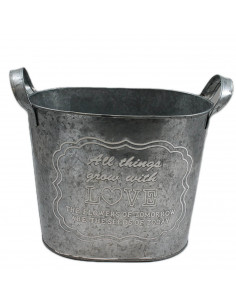 Cubo ovalado de latón con escritura en inglés, con asas y de 21,4 x 14,7 x 14,8 cm. Macetero de metal con bonito diseño. Recipie