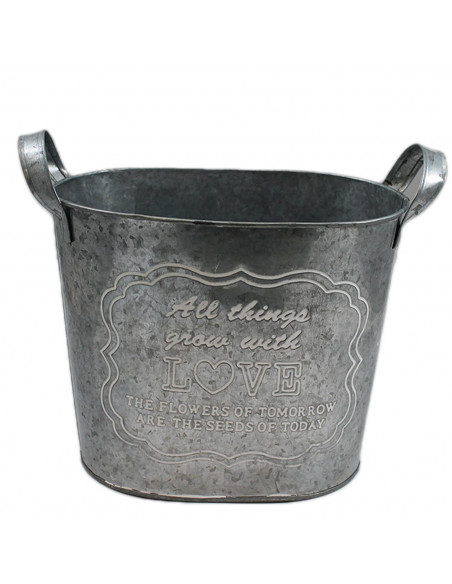 Cubo ovalado de latón con escritura en inglés, con asas y de 21,4 x 14,7 x 14,8 cm. Macetero de metal con bonito diseño. Recipie