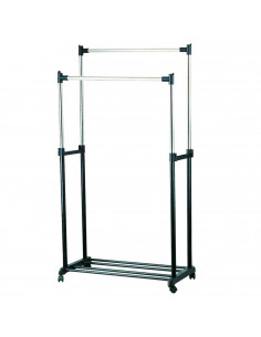 Perchero metalico extensible doble con ruedas, 78 x 42 x 159 cm. burro regulable de acero doble con ruedas