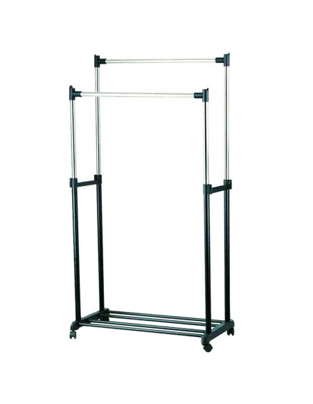 Perchero metalico extensible doble con ruedas, 78 x 42 x 159 cm. burro regulable de acero doble con ruedas
