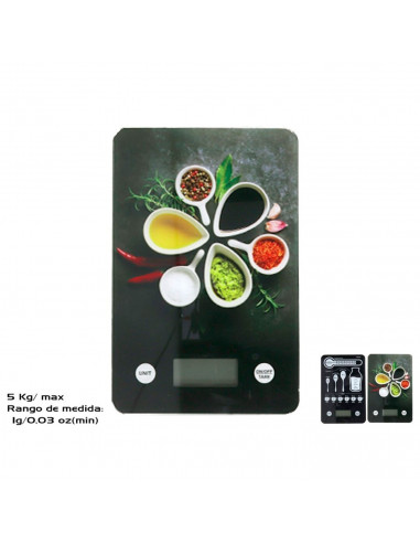Tradineur - Bascula digital para cocina - Max 5 kg - Pantalla LCD - Batería Incluida - Botón Táctil - 23 x 15 cm - Modelo Aleato