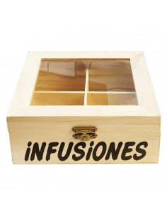Caja de madera "infusiones" con 4 compartimentos 6.4 x 15.8 x 14 cm. Caja, cofre para decorar con tapa, almacenaje té, café