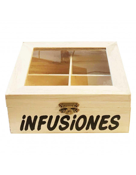 Caja de madera "infusiones" con 4 compartimentos 6.4 x 15.8 x 14 cm. Caja, cofre para decorar con tapa, almacenaje té, café
