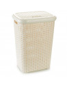 Tradineur - Cesto para ropa sucia con asas y tapa, pongotodo rattan de plástico, cubo para colada, imitación mimbre, hogar (Beig