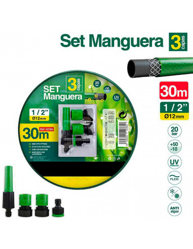 Tradineur - Manguera de riego flexible 3 capas con accesorios, regar jardín, huerto, coche, labores agrícolas, 20 bar, Ø12 mm, 3
