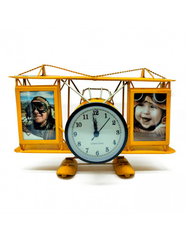 Tradineur - Reloj decorativo portafotos en forma de avión - Fabricado en Metal - 2 portafotos de 7 x 9,3 cm - Color Amarillo