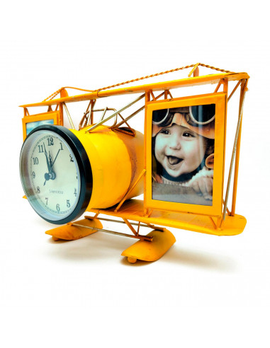 Tradineur - Reloj decorativo portafotos en forma de avión - Fabricado en Metal - 2 portafotos de 7 x 9,3 cm - Color Amarillo