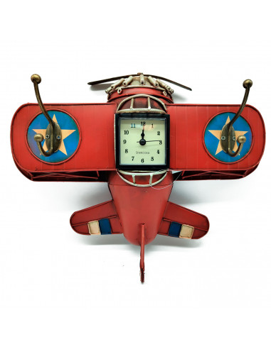 Tradineur - Reloj analógico decorativo para colgar - Diseño Avión Rojo - 2 Gachos para colgar objetos - 30 x 38,5 x 9,5 cm