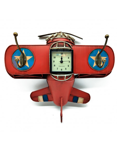 Tradineur - Reloj analógico decorativo para colgar - Diseño Avión Rojo - 2 Gachos para colgar objetos - 30 x 38,5 x 9,5 cm