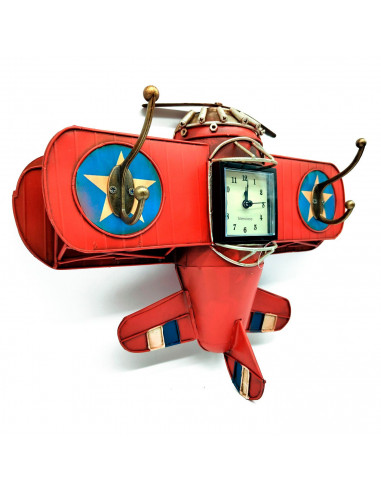 Tradineur - Reloj analógico decorativo para colgar - Diseño Avión Rojo - 2 Gachos para colgar objetos - 30 x 38,5 x 9,5 cm