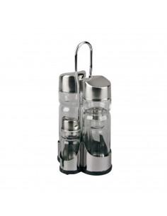Tradineur - Set 4 piezas vinagrera aceitera salero y pimentero con soporte de acero inoxidable 21 cm