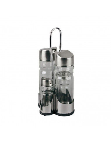 Tradineur - Set 4 piezas vinagrera aceitera salero y pimentero con soporte de acero inoxidable 21 cm