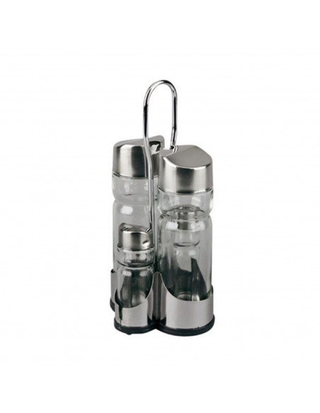 Tradineur - Set 4 piezas vinagrera aceitera salero y pimentero con soporte de acero inoxidable 21 cm