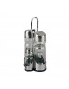 Tradineur - Set 4 piezas vinagrera aceitera salero y pimentero con soporte de acero inoxidable 21 cm