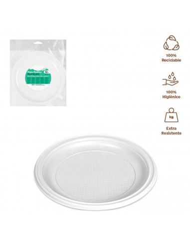 Tradineur - Pack de 12 platos llanos redondos reutilizables de plástico, 100% reciclables, extra resistentes, higiénicos, apilab