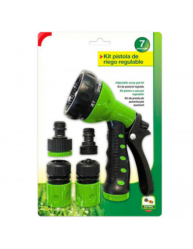 Tradineur - Pistola de riego regulable con accesorios, chorro ajustable, 7 posiciones, plástico, regar jardín, flores, huerto, l