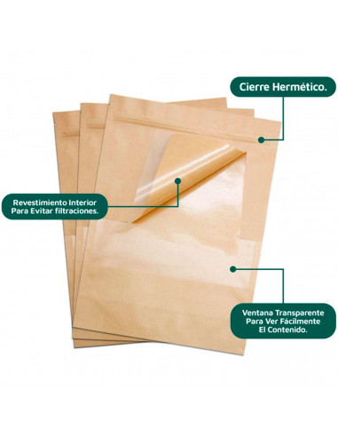Tradineur - Pack de 20 bolsas de papel kraft para conservar alimentos, reutilizables, cierre hermético y ventana, aptas para uso