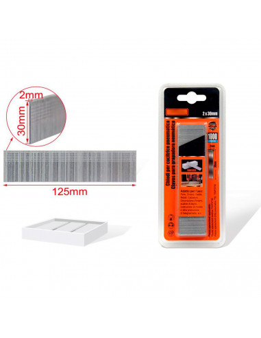 Tradineur - Pack 1000 Clavos para grapadoras neumáticas - Fabricado en hierro - Clavos de 2 x 30 mm