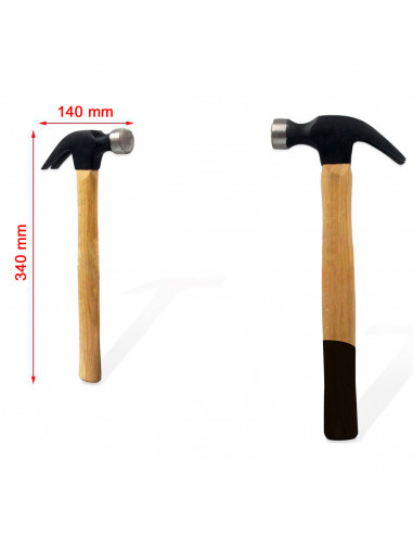 Tradineur - Martillo de uña con mango de madera, cabeza de acero, multiusos, sacar puntas y clavos, bricolaje, carpintería, cons